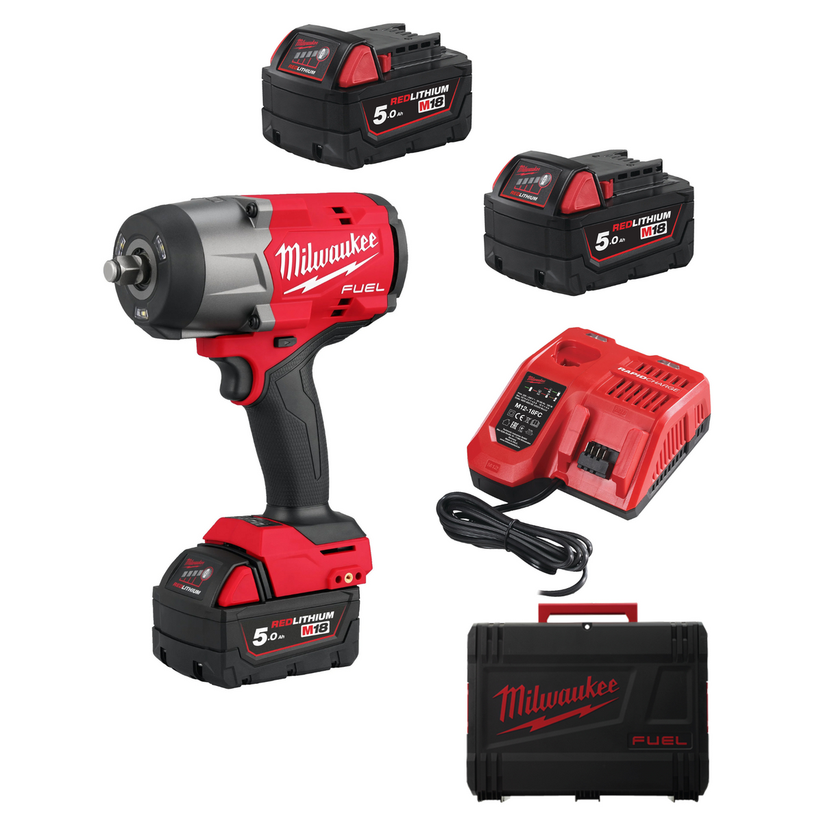 Milwaukee M18 FUEL™ FHIW2F12 1/2" Impact Wrench + 2 M18™ 5 Ah Batteries + M18 Charger + Plastic Case 